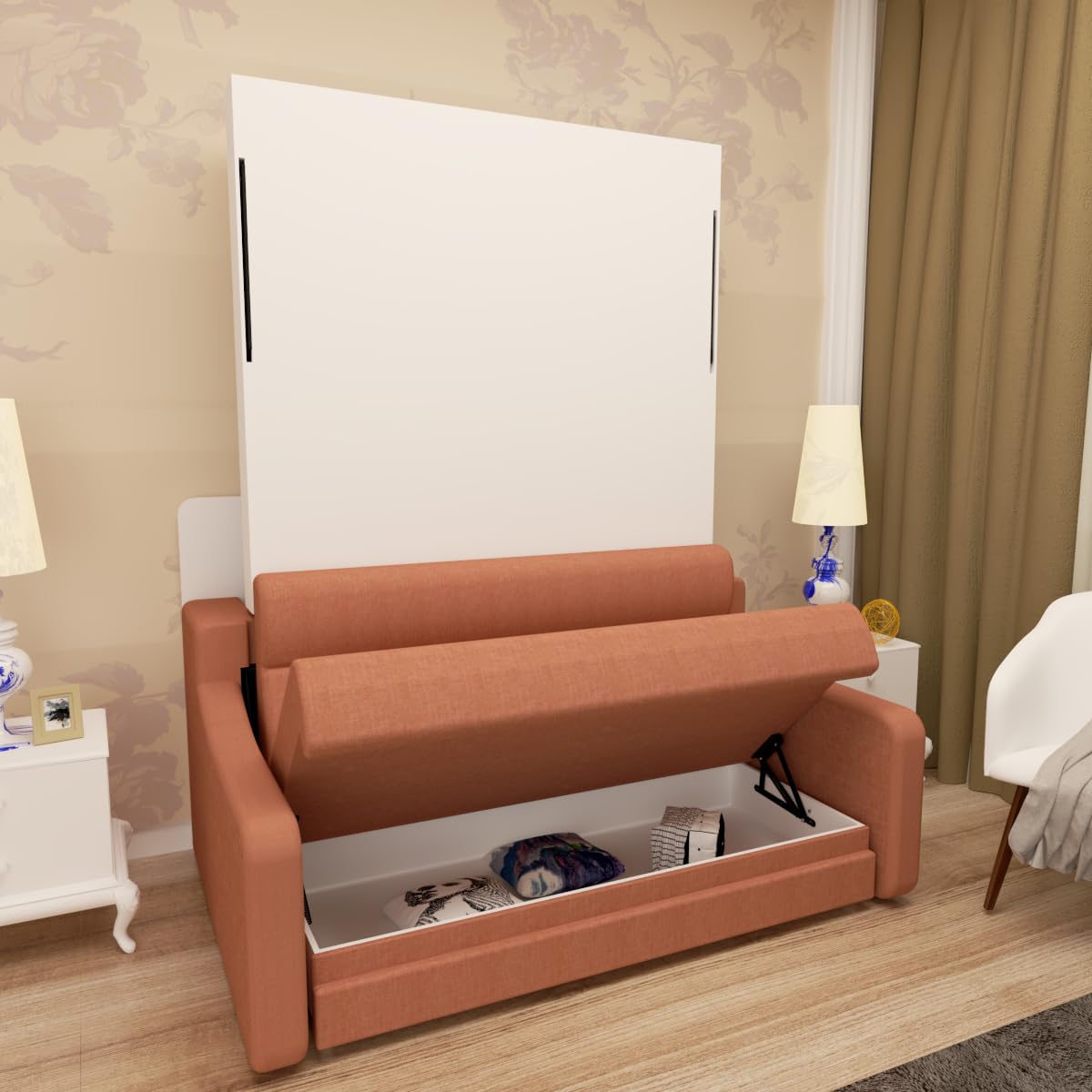 Ball & Cast Murphy Bed Full Size,Cabinet Wall Bed with Sofa,Space-Saving Hideaway w/Hidden Storage Space Gas Struts,Wood Multifunction Furniture for Small Bedroom,Orange