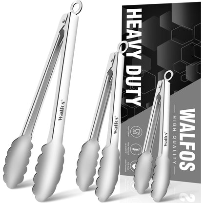 Walfos Kitchen Tongs for Cooking, 600℉ Heat Resistant Stainless Steel Tongs, All Metal Heavy Duty Tongs For Food ,BBQ Grilling - 7 ，9 and 12 Inch ,Set of 3