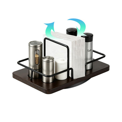 Napkin Holder for Table, Rectangular 360° Rotating Wooden Lazy Susan Napkin Dispenser with Salt and Pepper Shakers Caddy, Rustic Farmhouse Centerpiece for Kitchen & Dining Table