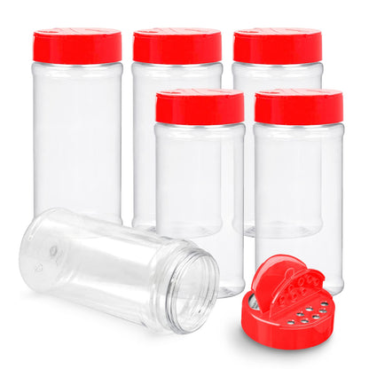 RoyalHouse 6 Pack 16 Oz Plastic Spice Jars with Red Cap, Clear and Safe Plastic Bottle Containers with Shaker Lids for Storing Spice, Herbs and Seasoning Powders, BPA Free, Made in USA