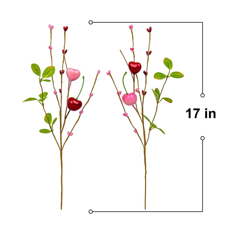 Yawwind 12 PCs Valentine Table Centerpieces 17 Inches Valentines Picks Valentines Day Floral Stems Romantic Heart Flower Picks with Cherry for Gift Vase Table Centerpiece Wedding Indoor Decor