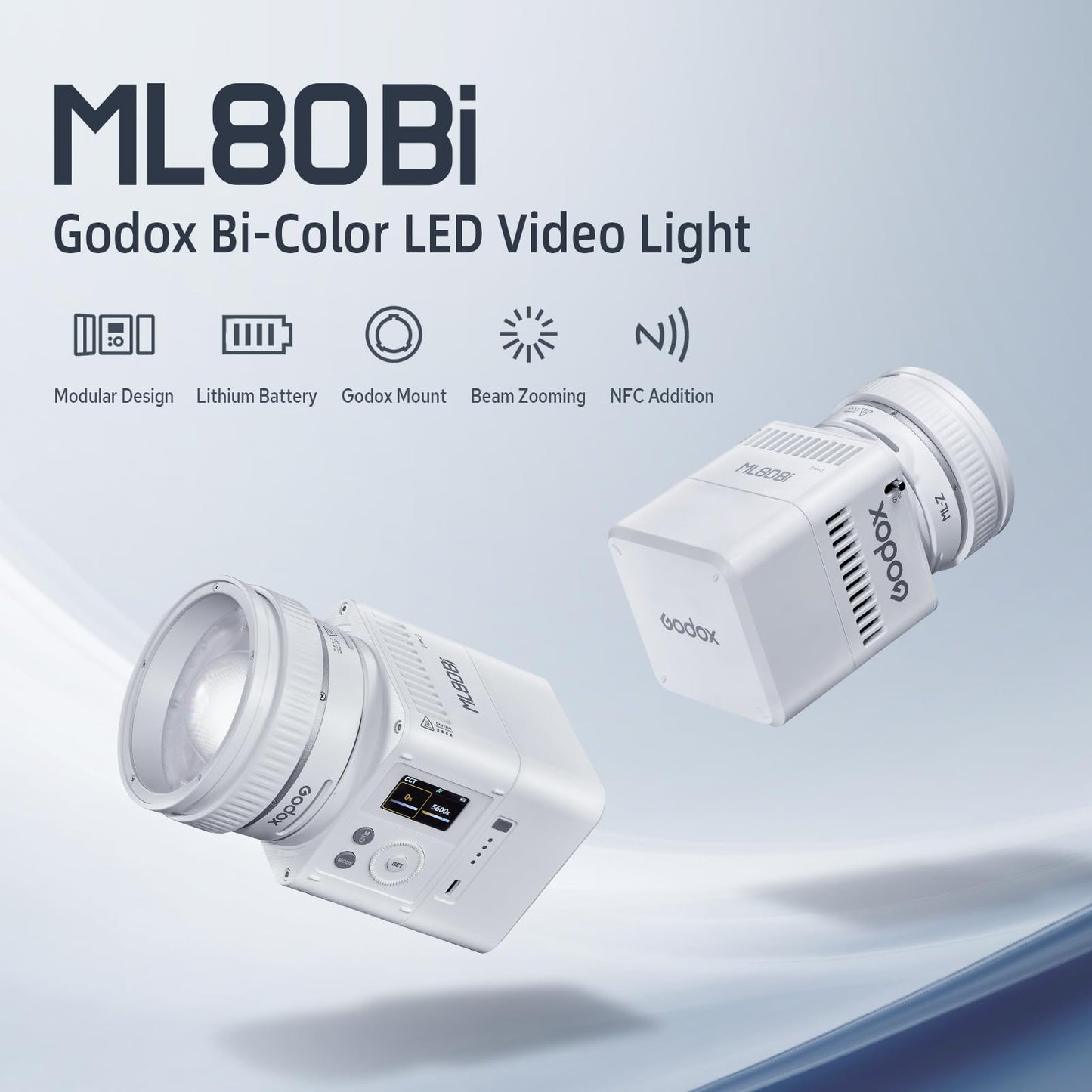 Godox ML80Bi COB Video Light w/95Wh Detachable Battery, Brighter Bi-Color Led Video Light 29600lux@5600K 1m, CRI 96, 2800K-6500K,11FX, Dimming 0%~100%, Portable Continuous Output Lighting Photography