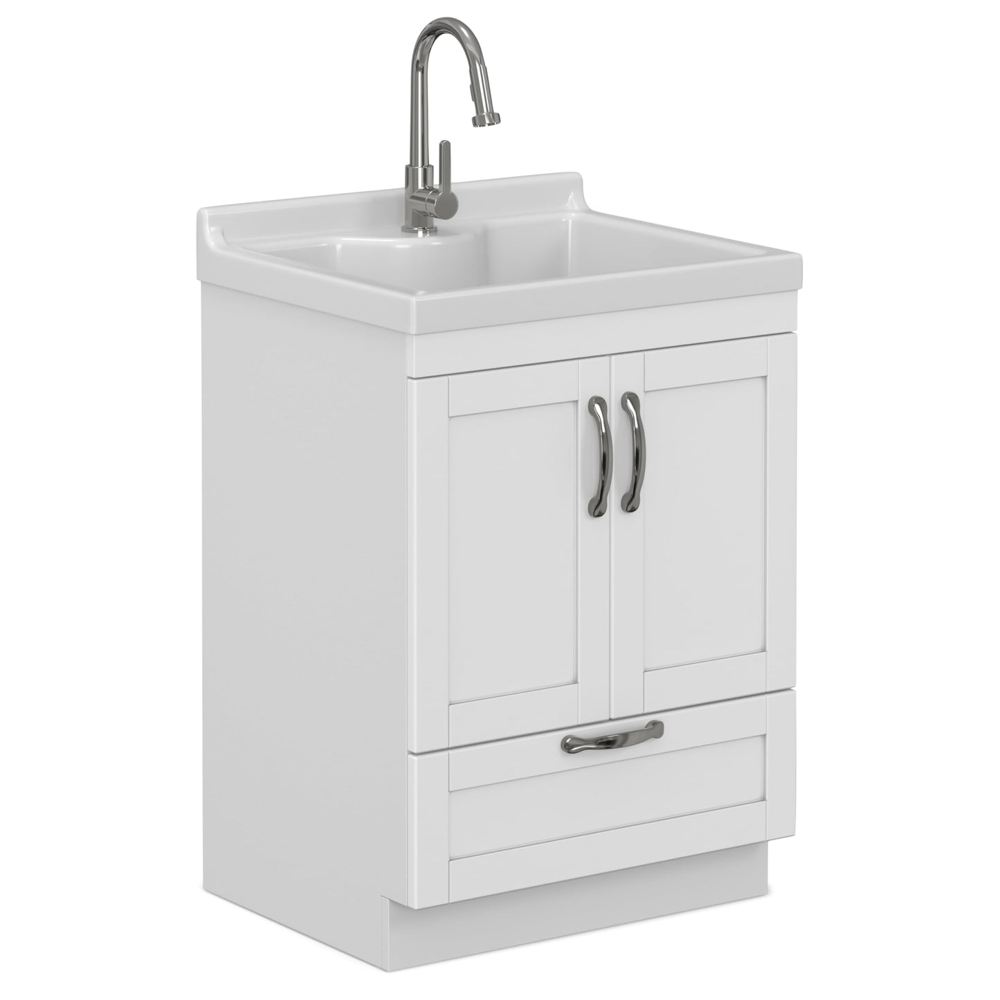 SIMPLIHOME Maile All-in-One 24 inch Wide Utility Sink and Laundry Cabinet in Pure White Finish, Transitional ABS Sink Cabinet for Laundry Rooms or Garage with High-Arch Chrome Faucet and Storage