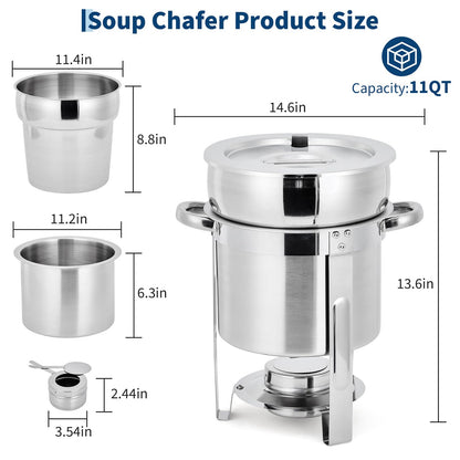Commercial 11QT Soup Chafer Set, 4 Pack Stainless Steel Round Food Warmers Set with Pot, Notched Lids & Fuel Containers, Soup Warmers Ideal for Buffet Service & Event Catering