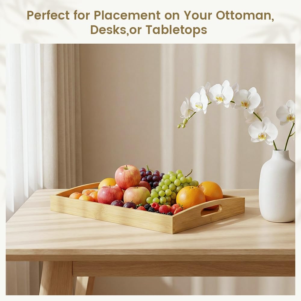 Bamboo Serving Tray with Handles - 2 Pack Wooden Food Tray for Breakfast in Bed, Eating, Decor and Storing - Decorative Trays Platter Use for Kitchen, Ottoman, Living Room, Party and Restaurant