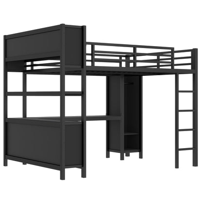 Bellemave Queen Size Loft Bed with Desk, Wardrobe & Storage Shelves, Modern Metal Loft Bed Frame for Adults, Teens, Kids, Space-Saving Queen Bed for Small Rooms, Dorms, Apartments (Queen, Black)