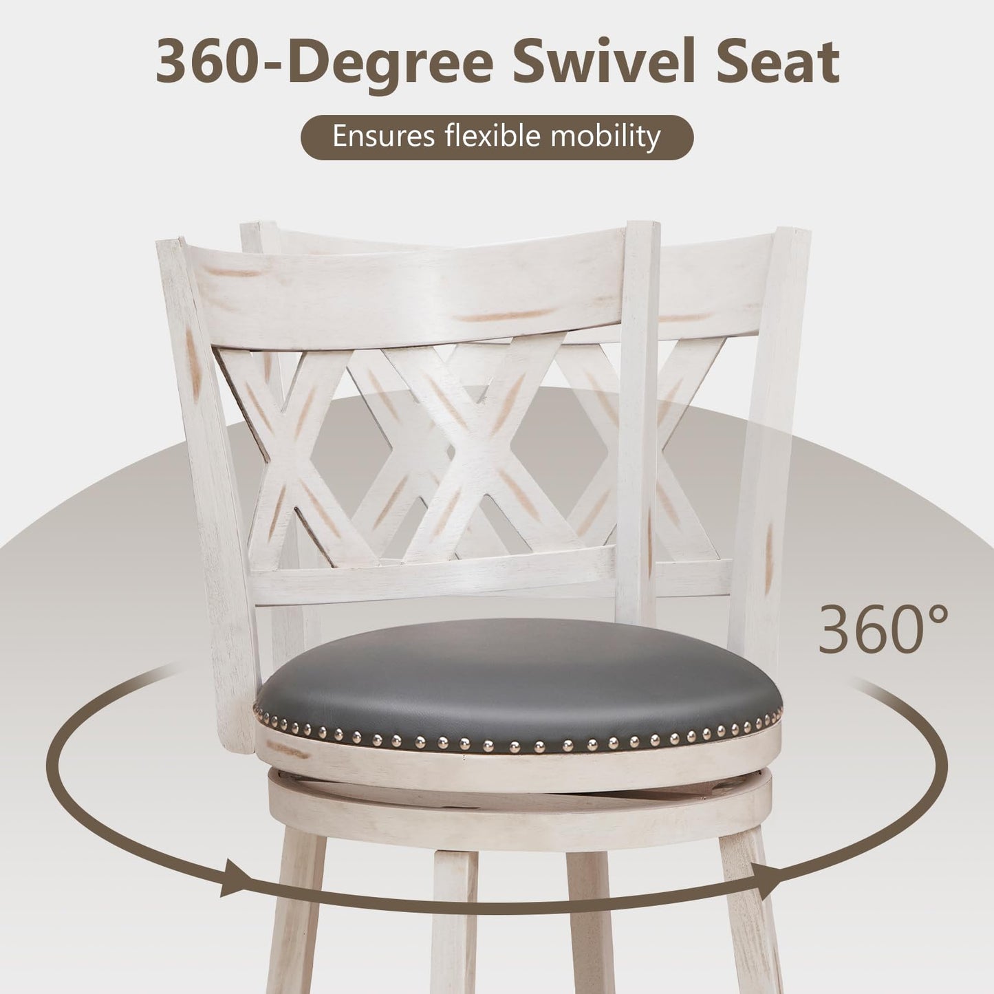 COSTWAY Bar Stool Set of 4 for Kitchen Island, 25.5” Swivel Armless Counter Height Stools with 20'' Wider Padded Seat, Ergonomic Curved Backrest, Rubber Wood Frame (4, Antique White + Gray)
