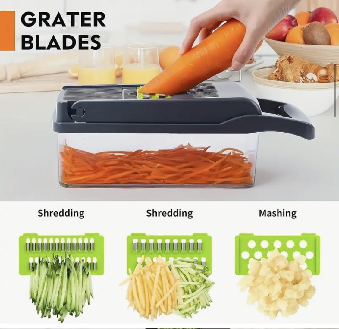 14 in 1 Vegetable Chopper Dicer with Container, Mandoline Slicer, Cheese Grater, Cabbage Shredder, French Fry Cutter, Stainless Steel Manual Hand Kitchen Gadget for Onion Potato Fruit