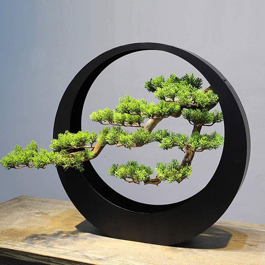 Artificial Bonsai Tree Potted Plant Ornament /Welcome Bonsai New Chinese-style Light Luxury Artist Home Decoration Zen Ornaments Artificial Welcoming Pine Wrought Iron Bonsai Living Room Porch Club A