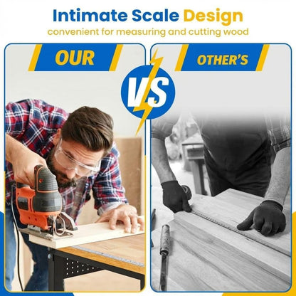 70-Inch Height Adjustable Workbench with Power Outlets, Solid Rubber Wood Top Heavy Duty Garage Tool Table, Workstation with Pegboard, Hooks and Ruler
