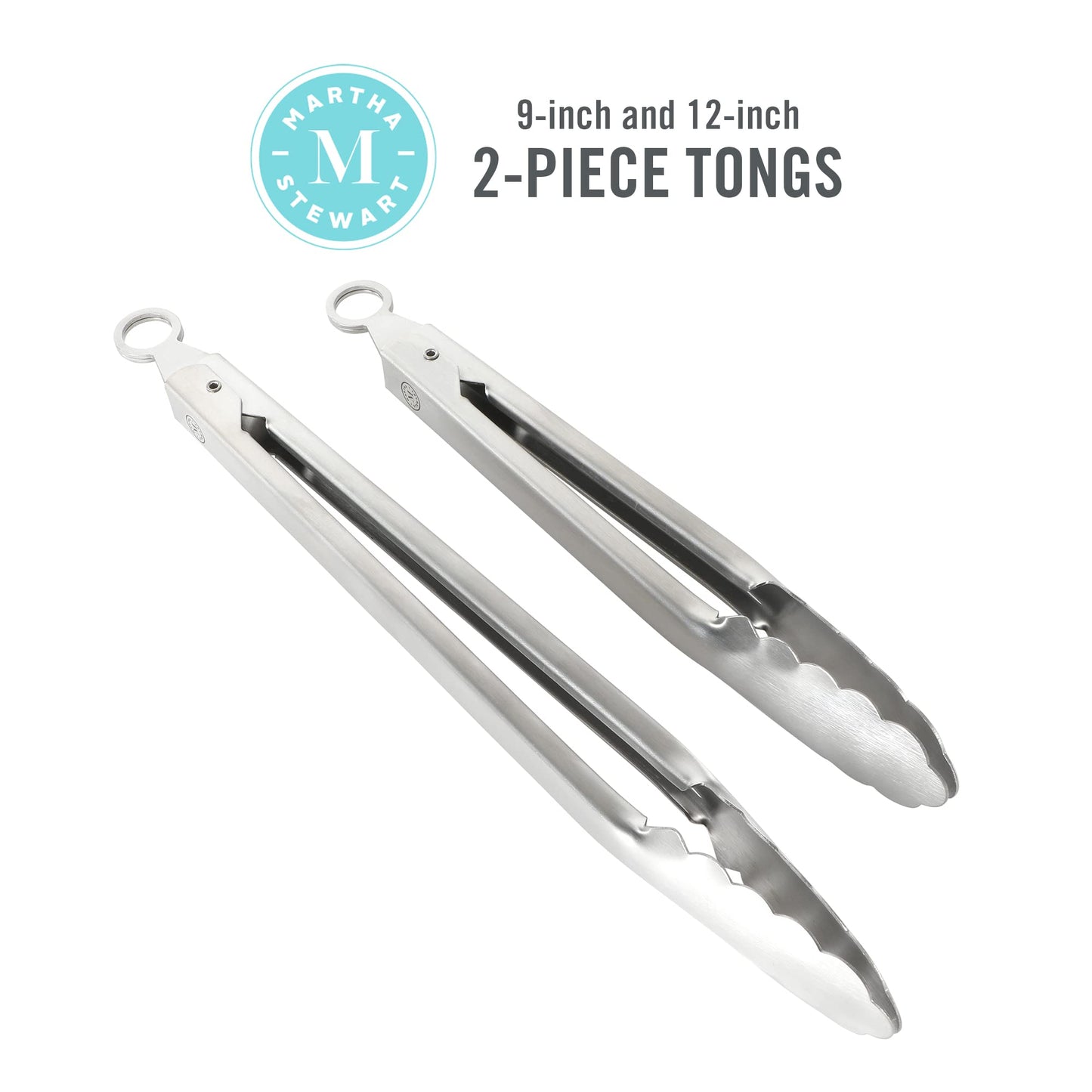 Martha Stewart Richburn 2-Piece Stainless Steel Tongs Set – 12-Inch and 9-Inch Kitchen Tongs for Grilling, Serving, and Cooking