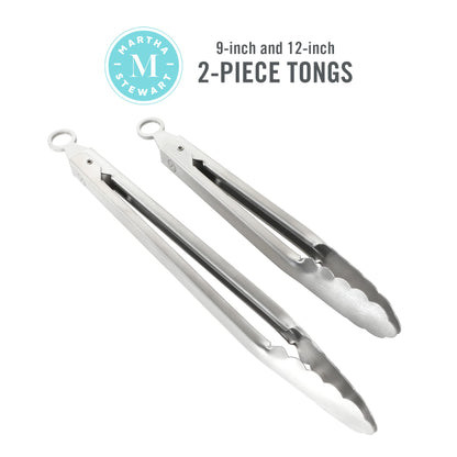 Martha Stewart Richburn 2-Piece Stainless Steel Tongs Set – 12-Inch and 9-Inch Kitchen Tongs for Grilling, Serving, and Cooking