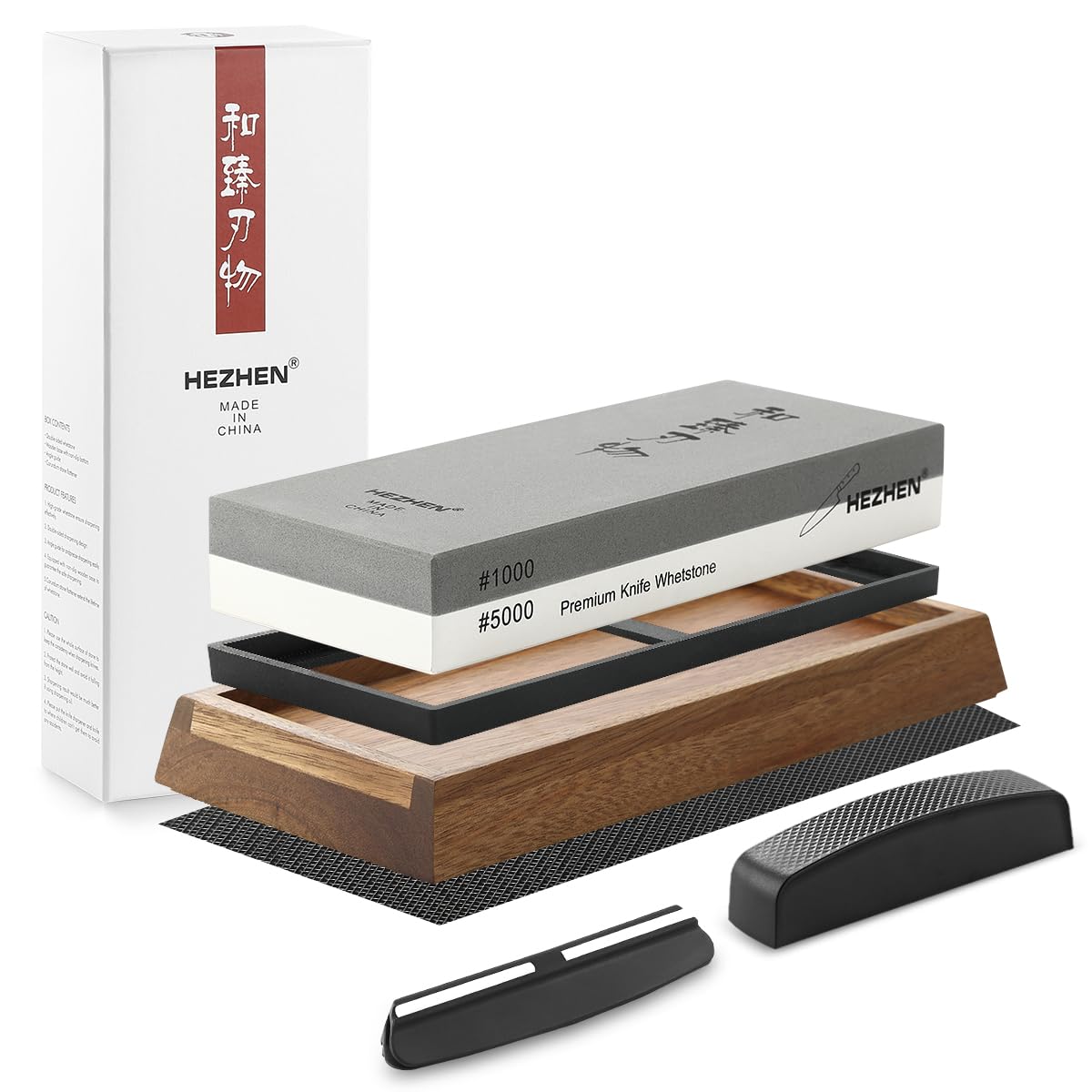 HEZHEN Extra Large Double-sided White Corundum Whetstone Knife Sharpening Stone Grit 1000/5000 Waterstone- 7.9x3.1x1.2 inch Knife Sharpener- Non-slip Acacia Wood Base & Flattening stone & Angle Guide