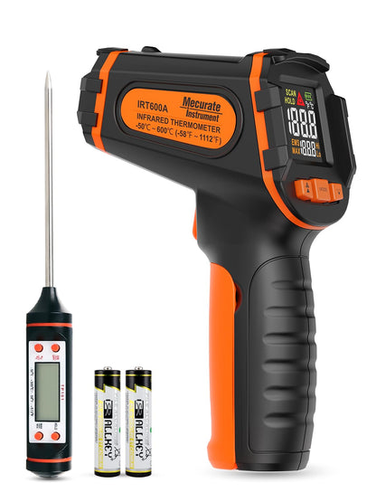 Mecurate Digital Infrared Thermometer Gun Non Contact Laser Temperature Gun -58℉～1112℉(-50℃～600℃) Adjustable Emissivity & Max Measure for Cooking/BBQ/Freezer with Food Thermometer