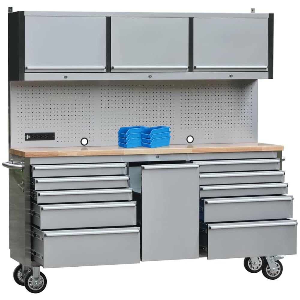 UYRIE 72" Stainless Steel Rolling Tool Chest with 11 Drawers + 3 Upper Cabinets, Large Lockable Storage Cabinet, Mobile Workbench with Wheels for Garage Workshop (1 × HTC7214W1)