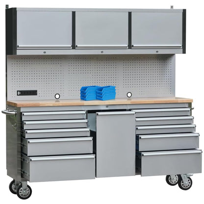 UYRIE 72" Stainless Steel Rolling Tool Chest with 11 Drawers + 3 Upper Cabinets, Large Lockable Storage Cabinet, Mobile Workbench with Wheels for Garage Workshop (1 × HTC7214W1)