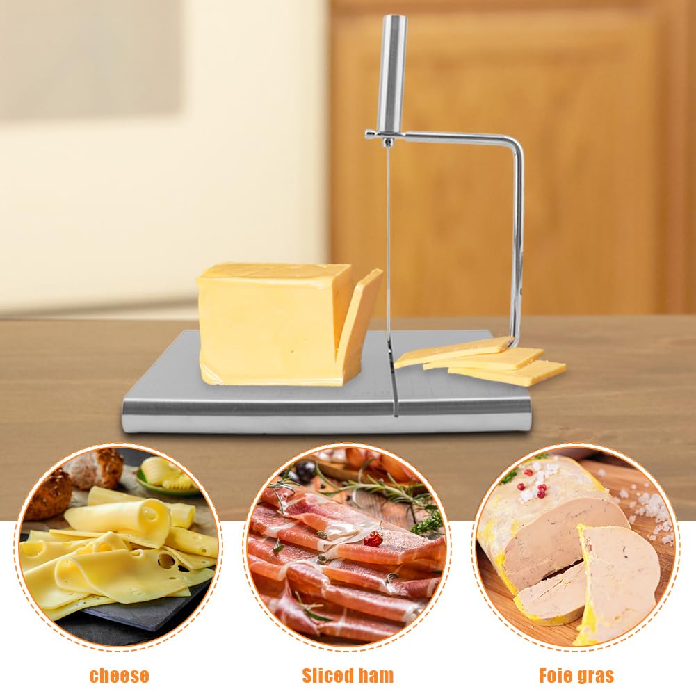 homfanseec Stainless Steel Cheese Slicer Cutter, Cheese Slicer with Wire, Adjustable Cheese Cutter Board with 6 Replacement Wires, for Cutting Cheese Butter Vegetables Sausage(silver)