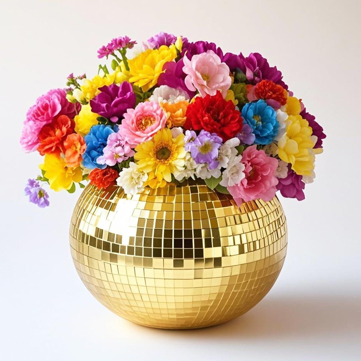 Disco Ball Vase Gold Mosaic Glass Mirror Ball Planter Disco Ball Planter for Centerpieces Disco Ball Decor Flower Vase with Silver Mirror Glass for Wedding Party Birthday, Disco Decor (5" X 6")