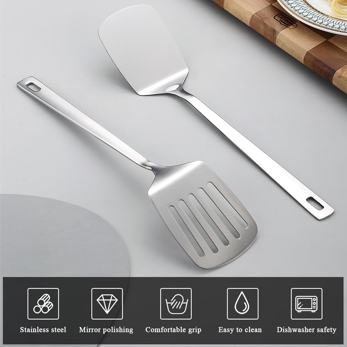 Kyraton Stainless Steel Spatulas Set, Silver Slotted Turner, Solid Turner, Kitchen Spatulas for Nonstick Cookware, Dishwasher Safe, Easy to Clean