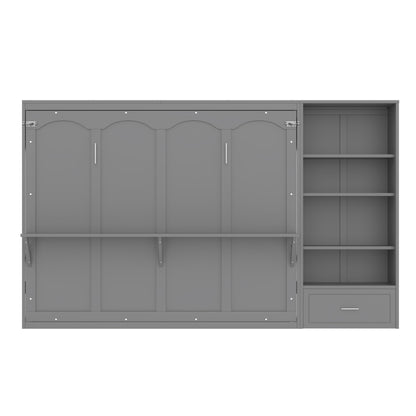 GDFStudio Queen Size Murphy Bed with Storage Compartments and Shelf, Wall Bed Frame with Adjustable Shelves and Drawer, Foldable Platform Bed for Guest Room Bedroom, Gray
