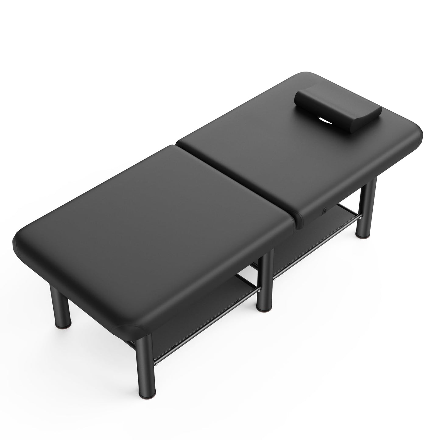 Folding Stationary Massage Table with Backrest and Storage Space for Treatment Table Physical Therapy Table Spa Facial Bed, 6 Round legs Metal Frame PU Leather, 30.5'' Wide × 75'' Long - Black