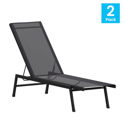 EMMA + OLIVER Braelin Adjustable Patio Chaise Lounge - Black Textilene Seat - Armless Design - 5 Recline Positions - Metal Frame - All-Weather - Set of 2