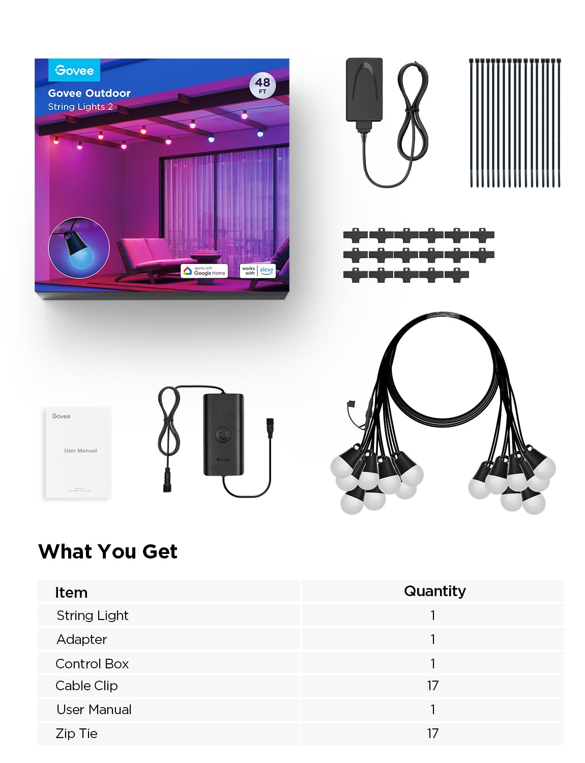 Govee Smart Outdoor String Lights 2, 144ft Outdoor Lights with Dimmable Warm White LED Bulbs, 47 Scene Modes for Patio, Backyard, Balcony, IP65 Waterproof, Works with Alexa, App Control