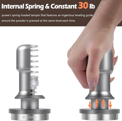 PUSEE 51mm Premium Espresso Coffee Tamper, 30lb Calibrated, 100% Stainless Steel, Spring Loaded for Barista Accessories