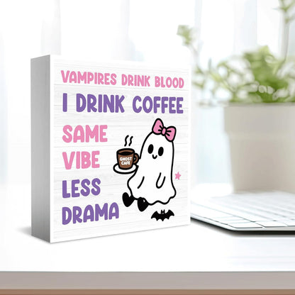 Skiennix Halloween Office Decor - Cute Ghost Coffee Bar Sign for Home & Bedroom | 5x5 Inches
