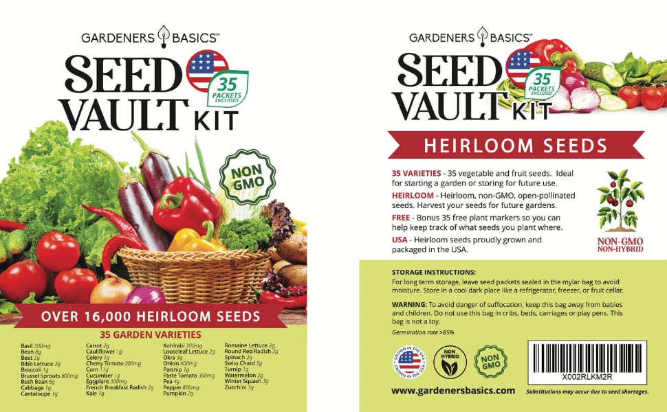 Gardeners Basics Survival Vegetable Seeds Garden Kit Over 16,000 Seeds Non-GMO and Heirloom, Great for Emergency Bugout Survival Gear 35 Varieties Seeds for Planting Vegetables 35 Free Plant Markers