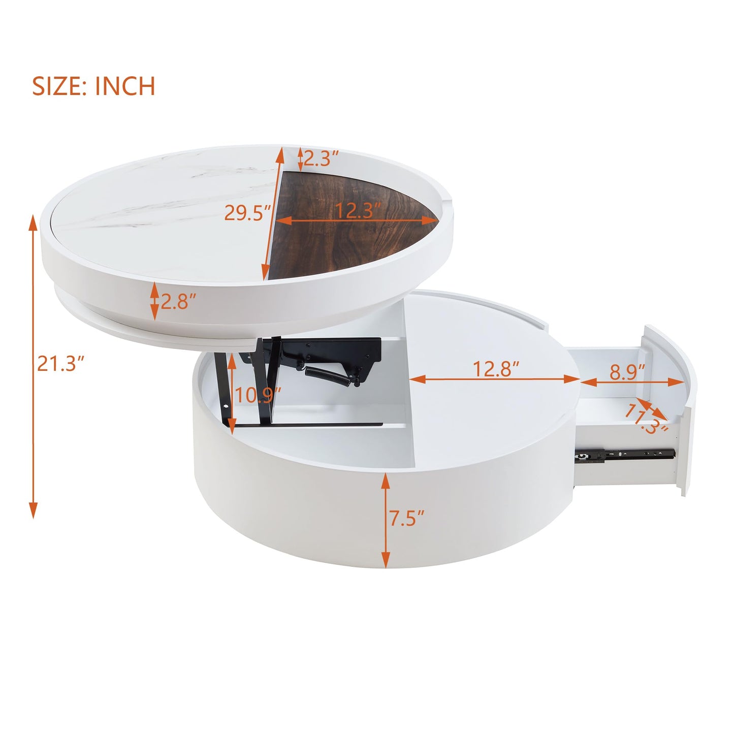 Merax 29.5" Lift-Top Round Coffee Table, with Hidden Storage & 1 Drawer, Marble and Wood Grain Dual-Tone Tabletop, Compact for Living Room Apartment, White