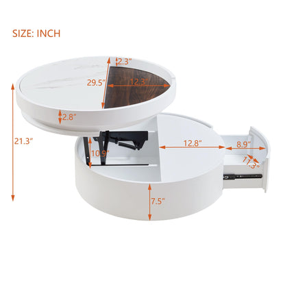Merax 29.5" Lift-Top Round Coffee Table, with Hidden Storage & 1 Drawer, Marble and Wood Grain Dual-Tone Tabletop, Compact for Living Room Apartment, White