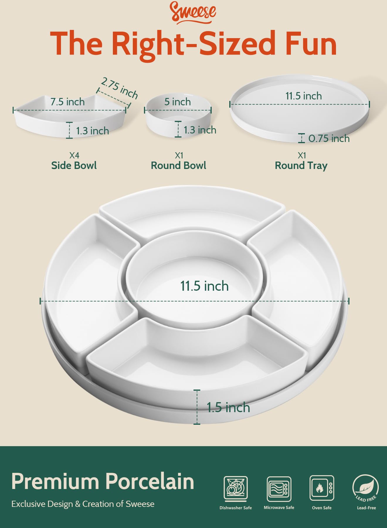 Sweese Porcelain Divided Serving Dishes, Relish Tray, Serving Bowls for Parties - Perfect for Chips and Dip, Veggies, Candy and Snacks, White
