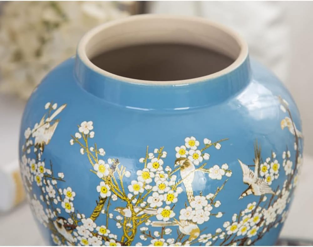 ERoomQ Blue Ceramic Ginger Jar with Lid for Home Decor,Traditional Chinese Trees and Flowers Temple Jar, Jingdezhen Handcrafted Porcelain Vase Centerpiece Decor-Medium