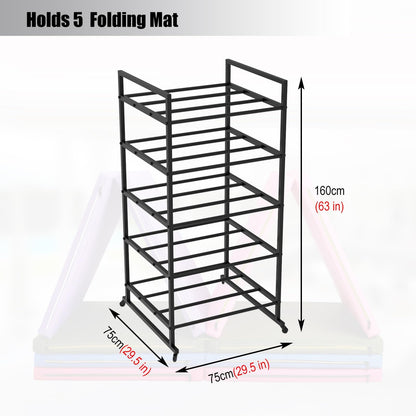KOMFGT Folding Gymnastics Tumbling Mat Storage Rack, Indoor Outdoor Free Standing Black Metal Organize Holder for 5 Foldable Kneeling/Seat Cushion, Rolling Yoga Mats Display Rack for Gym Home Workout