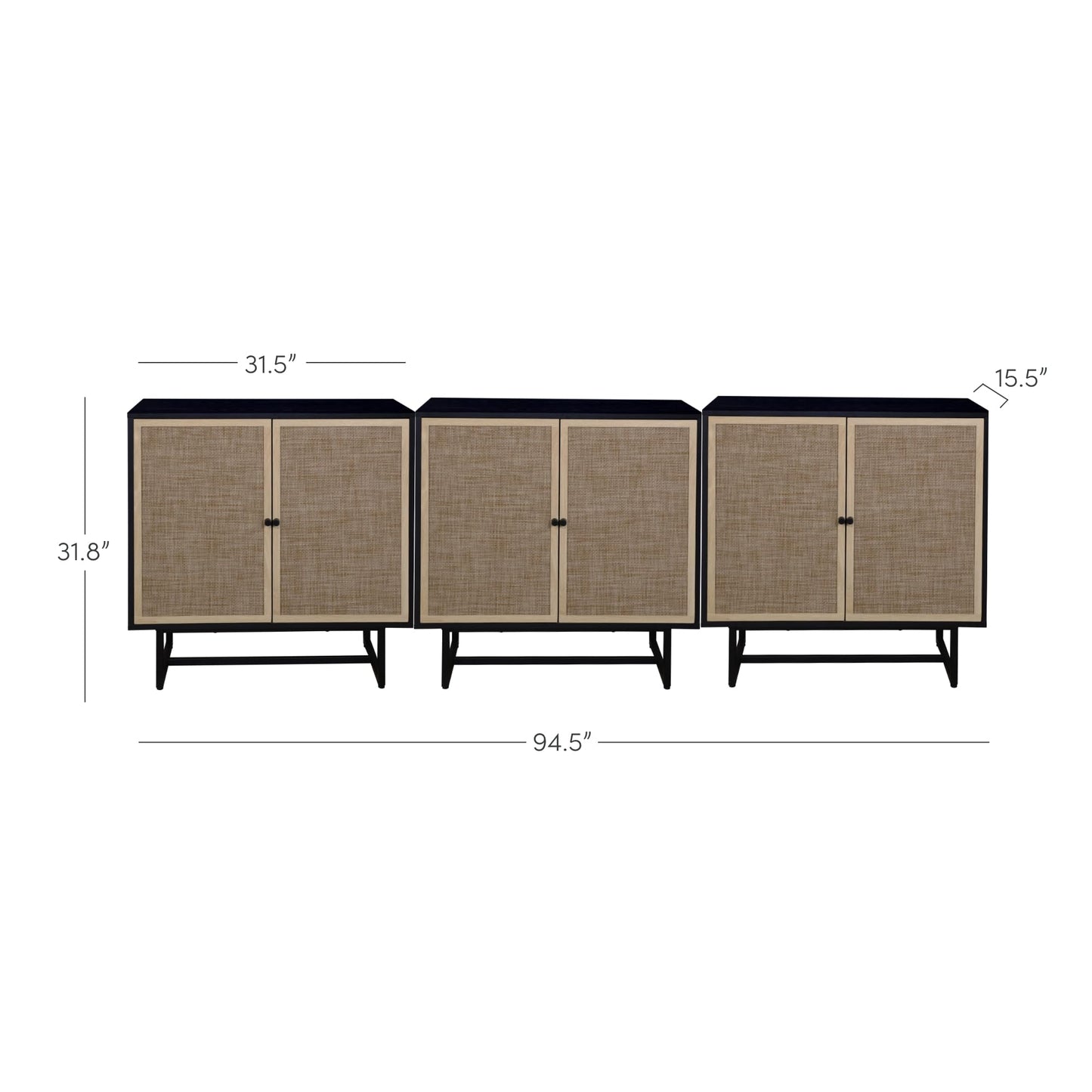 Nathan James Kova Rattan Wood Accent Sideboard Storage Cabinet TV Stand with Matte Metal Frame, Adjustable Shelves and Cane Doors, for Hallway, Entryway or Living Room, Black Oak/Cane, Set of 3