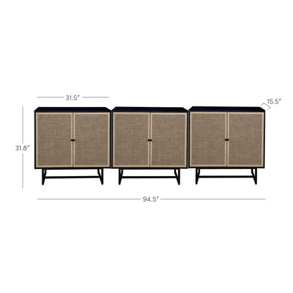 Nathan James Kova Rattan Wood Accent Sideboard Storage Cabinet TV Stand with Matte Metal Frame, Adjustable Shelves and Cane Doors, for Hallway, Entryway or Living Room, Black Oak/Cane, Set of 3