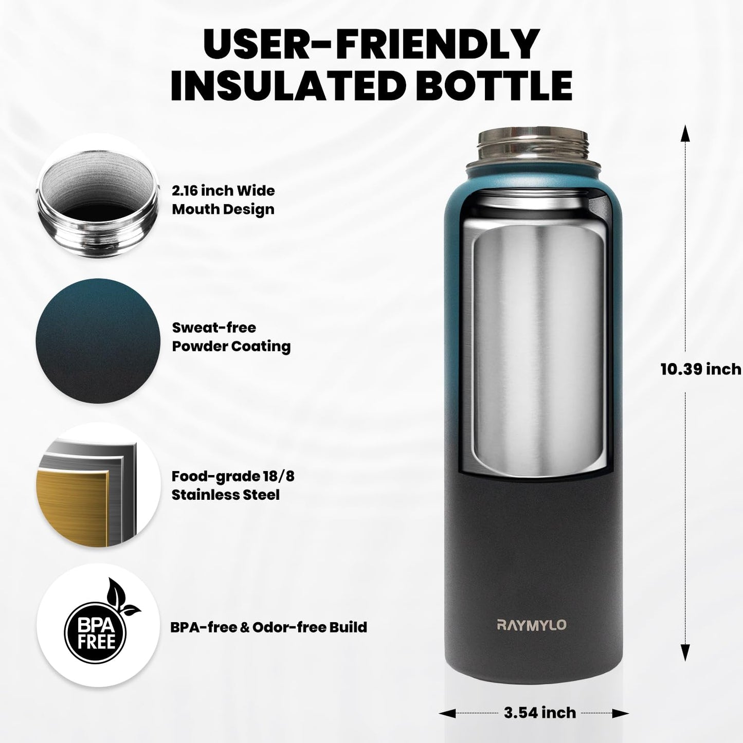RAYMYLO Insulated Water Bottle 40 oz, Triple Wall Vacuum Stainless Steel (Cold for 48 Hrs), Leak Proof & Non-BPA, Modern Water Flask Jug with Paracord Handle & Straw Spout Lids, Indigo/Black