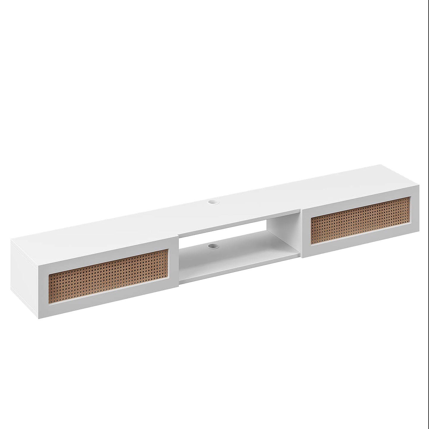 FurniNova 70" Floating TV Stand with Rattan Doors,Boho Wall Mounted Media Console Entertainment Center with 3 Cabinets,White