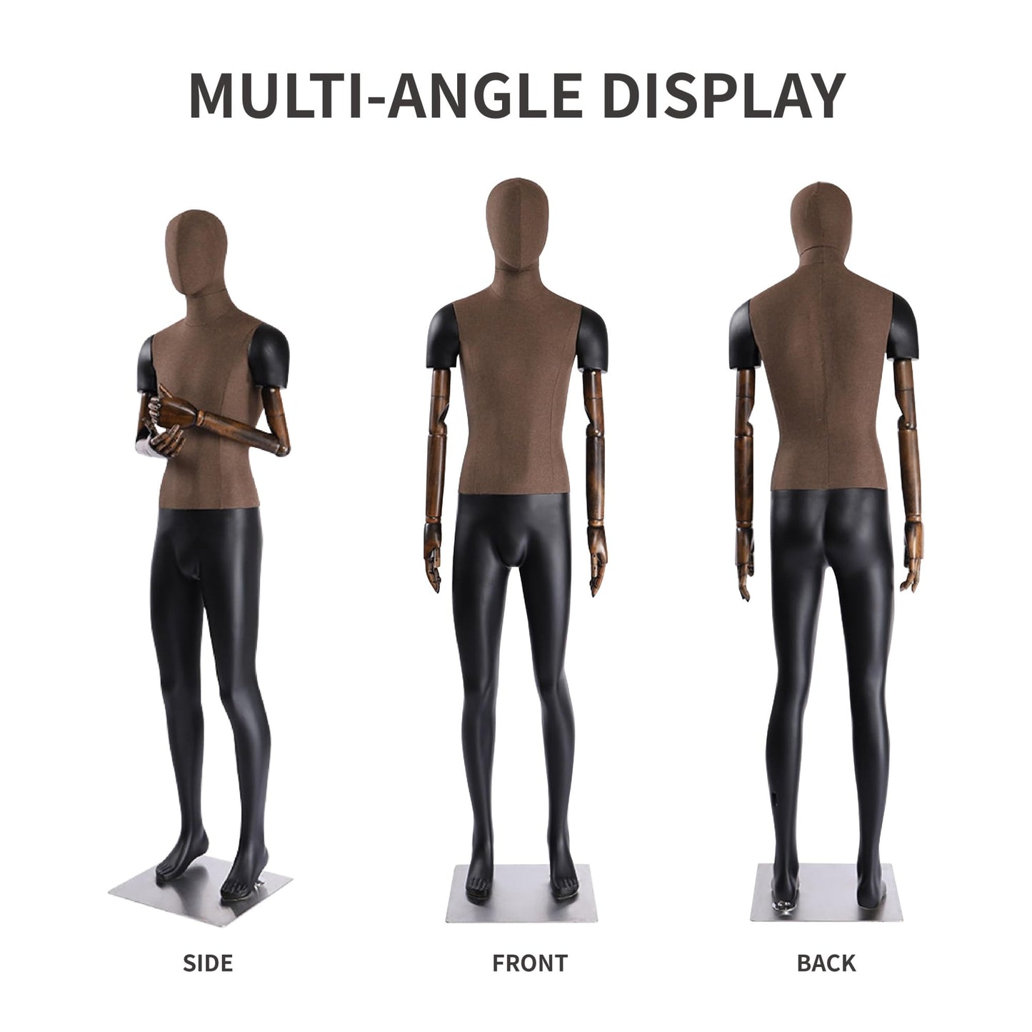 Male Mannequin with Articulated Wood Arms, Premium Fiberglass Dress Form with Linen Torso, Heavy Duty Stainless Steel Base, Flexible Display Dummy for Retail Store & Tailoring(Brown,Straight Leg)
