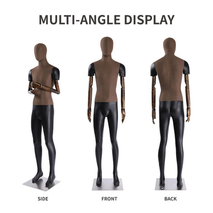 Male Mannequin with Articulated Wood Arms, Premium Fiberglass Dress Form with Linen Torso, Heavy Duty Stainless Steel Base, Flexible Display Dummy for Retail Store & Tailoring(Brown,Straight Leg)