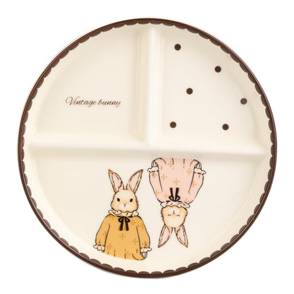 MDZF SWEET HOME Ceramic Divided Plate, 3-Compartment Portion Control Tray for Weight Loss & Healthy Eating, Cute Hera Bunny & Polka Dot Design, Aesthetic Sectioned Dinnerware