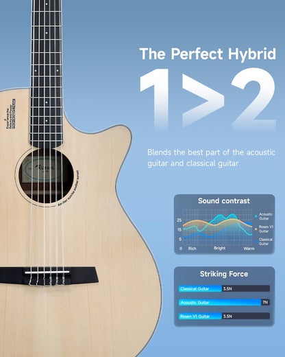 Rosen V1 Hybrid Acoustic Guitar for Beginners Adults Patented Body with Solid Spruce Top & Soft Touch Strings Thin Neck & Open Pore Matte 40 Inch,Natural