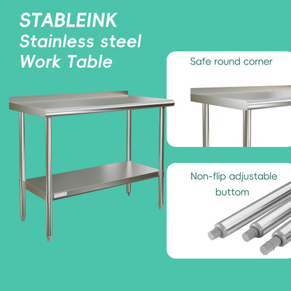 STABLEINK NSF Stainless Steel Table 60x24 Inches 5ft, Metal Prep & Work Table with Backsplash and Adjustable Undershelf, for Commercial Kitchen, Restaurant, Hotel, Laundry and Garage