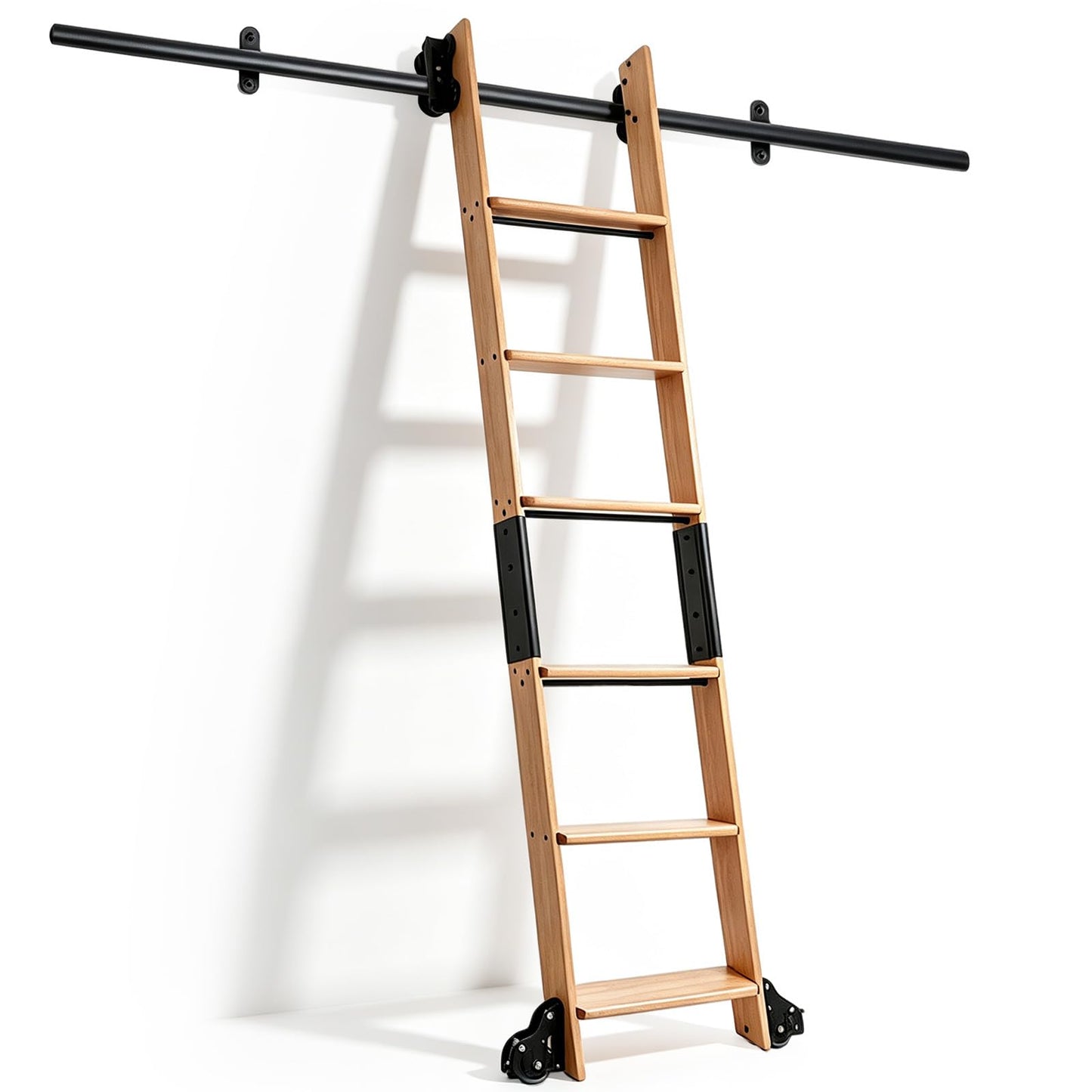 Leinuosen 86 Inch Rolling Library Ladder with 4FT Track Kit, Solid Oak Wood Ladder with Braking Wheels, Sliding Kit for Home, Bookshelf, Loft(Suitable for Installation Height 80-3/4")