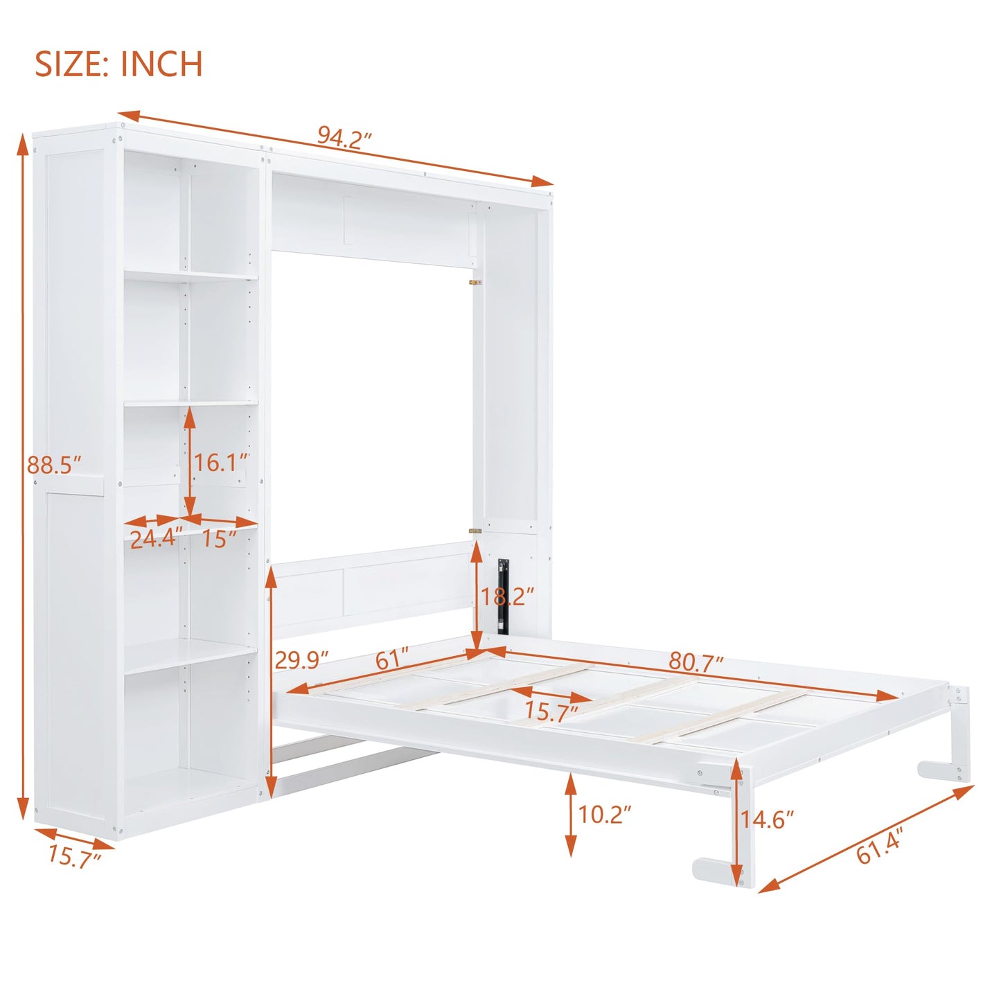 GDFStudio Veatch Wooden Frame Queen Size Bed, Queen Size Murphy Bed with Shelves, Folding Wall Beds with 5 Storage Cabinets, Space Saving, Folded into Cabinet for Guest Room Living Bedroom, White