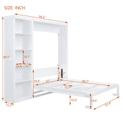 GDFStudio Veatch Wooden Frame Queen Size Bed, Queen Size Murphy Bed with Shelves, Folding Wall Beds with 5 Storage Cabinets, Space Saving, Folded into Cabinet for Guest Room Living Bedroom, White
