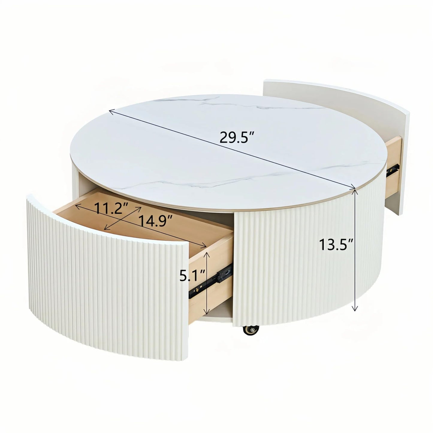 Merax 29.5" Round Fluted Coffee Table for Living Room, Movable Accent Table with Casters and 2 Storage Drawers, Marble Pattern Sintered Stone Top, White