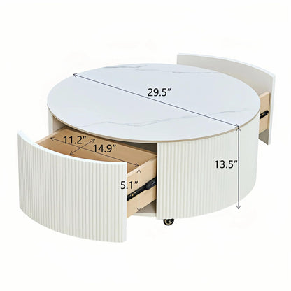 Merax 29.5" Round Fluted Coffee Table for Living Room, Movable Accent Table with Casters and 2 Storage Drawers, Marble Pattern Sintered Stone Top, White