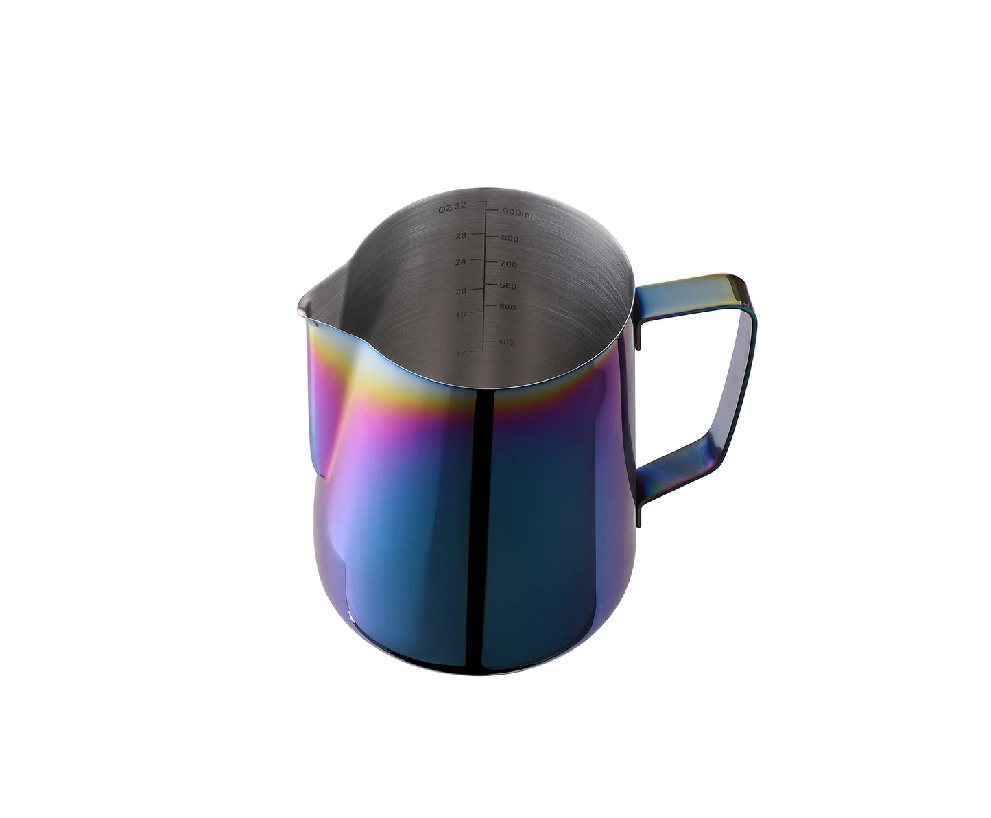 Joytata Milk Frothing Pitcher 32oz Stainless Steel Cup Double Measurement Scale Perfect for Latte Art Frother SUS304 Steaming 900ML Rainbow, Multicolor